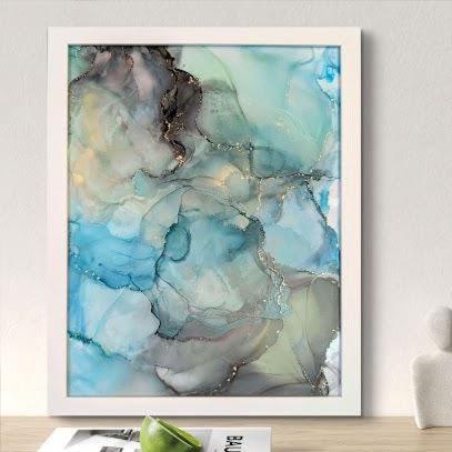 Alcohol Ink Painting on Glass 'Gilded Tiffany' | Original Abstract Art Artwork | 11" x 14" Framed Mint Teal Ocean Green Modern Marble Art