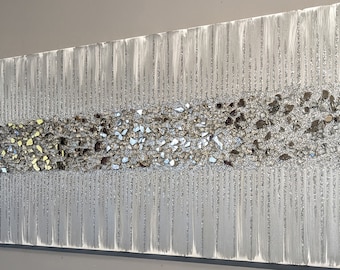 Glitter Wall Art Silver Abstract Painting, Sparkling Modern Silver Glitter Glass Art, Shiny Home Decor Canvas