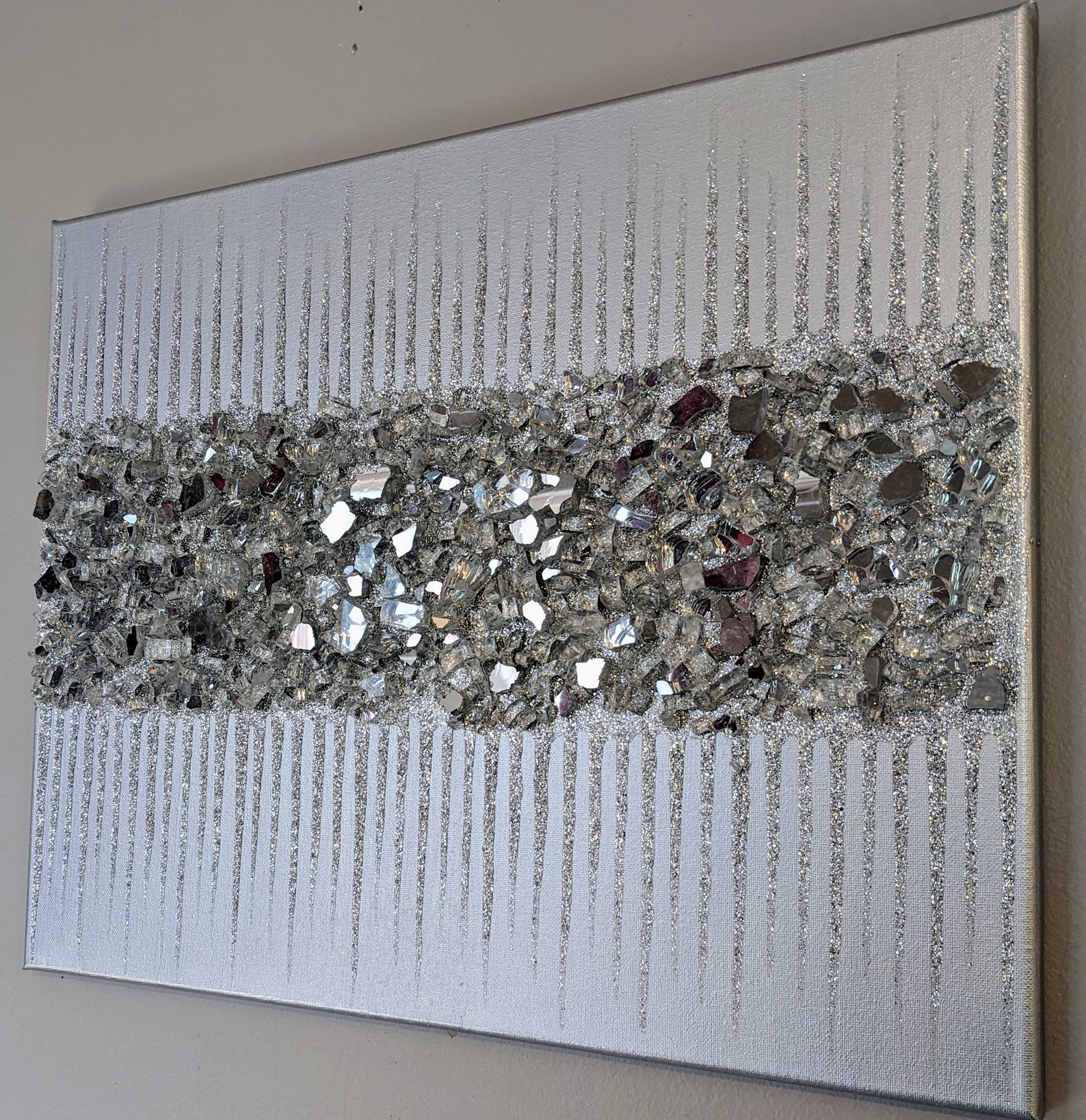 Silver Glam Glitter Wall Art Silver Glitter Glass Painting Etsy