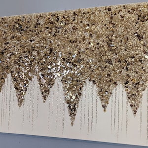 Glitter Painting Gold Wall Art, Glam Cream & Crushed Glass Decor, Sparkling Gold Glass Glitter Painting for Elegant Home Accent