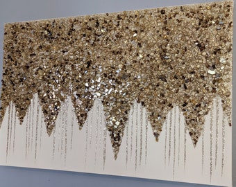 Glitter Painting Gold Wall Art, Glam Cream & Crushed Glass Decor, Sparkling Gold Glass Glitter Painting for Elegant Home Accent