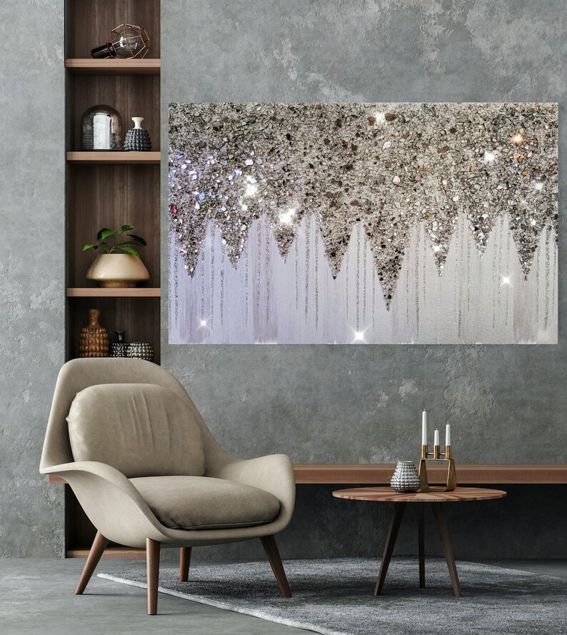 Silver Glam Glitter Wall Art Silver Glitter Glass Painting Etsy