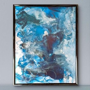 Alcohol Ink Painting on Glass &#39;Icecaps&#39; | Original Abstract Art Artwork | 8&quot; x 10&quot; Framed Deep Turquoise Blue White Modern Marble Art New
