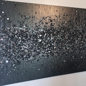 Glitter Painting Black Abstract Art with Sparkling Glass Finish, Modern Handmade Wall Decor Canvas, Unique Glitter Art Gift