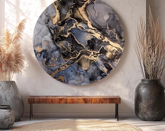Midnight Marble | Glass Alcohol Ink Art | Original Circle Round Abstract Tempered Glass Navy Black Gold Print Modern New