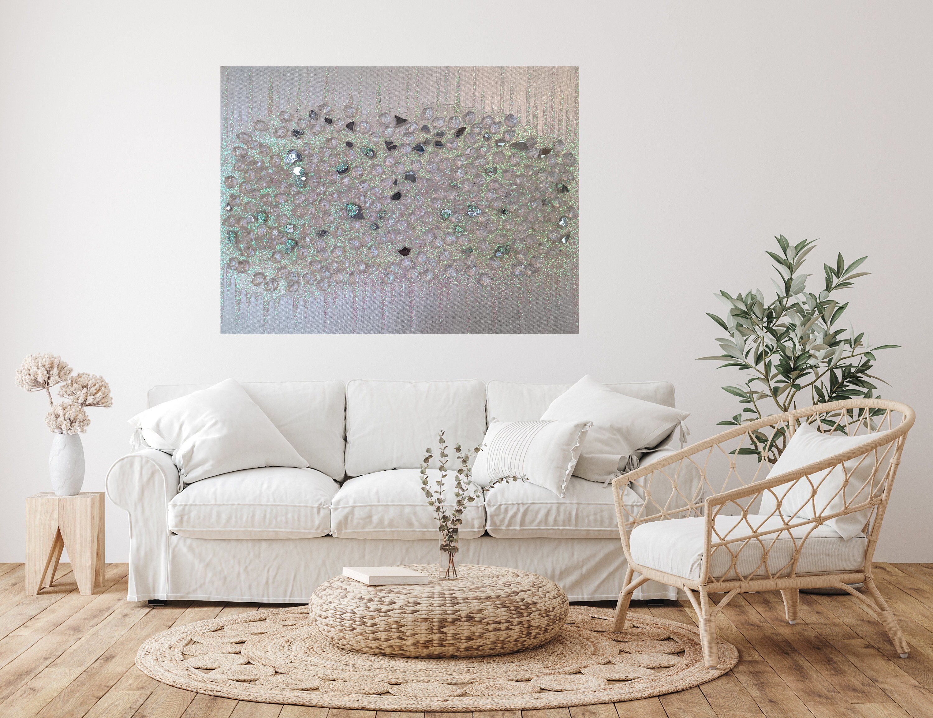White Glitter Painting White Glitter Art White Silver Etsy