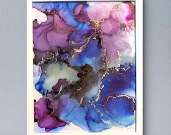 Alcohol Ink Painting on Glass &#39;Mystify&#39; | Original Abstract Art Artwork | 11&quot; x 14&quot; Framed Purple Blue Indigo Gold Modern Marble Art