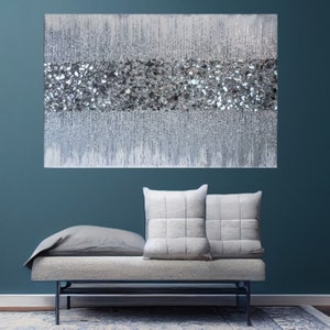 Silver & White Glitter Glass Glam Wall Art, Silver Glitter Glass Painting, Bling Wall Decor Hanging, Sparkly Silver Abstract Modern Art