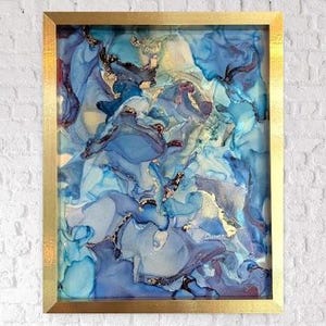 Alcohol Ink Painting on Glass &#39;Swimming in Azure&#39; | Original Abstract Art Artwork | 11&quot; x 14&quot; Framed Blue Turquoise Gold Modern Marble Art