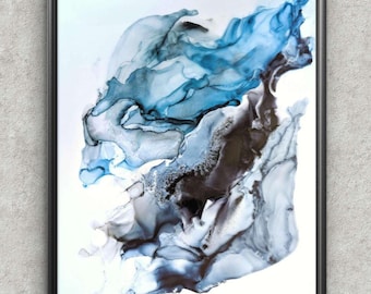 Oceanic Reverie | Signed Alcohol Ink Painting on Glass Original |  Abstract Modern Luxury Ink Art | Wall Decor Blue Black Hanging 18" x 24"