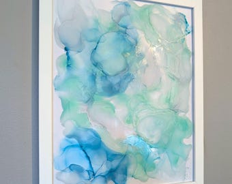 Alcohol Ink Painting on Glass &#39;Mint Whispers&#39; | Original Abstract Art Artwork | 11&quot; x 14&quot; Framed Mint Teal Ocean Green Modern Marble Art