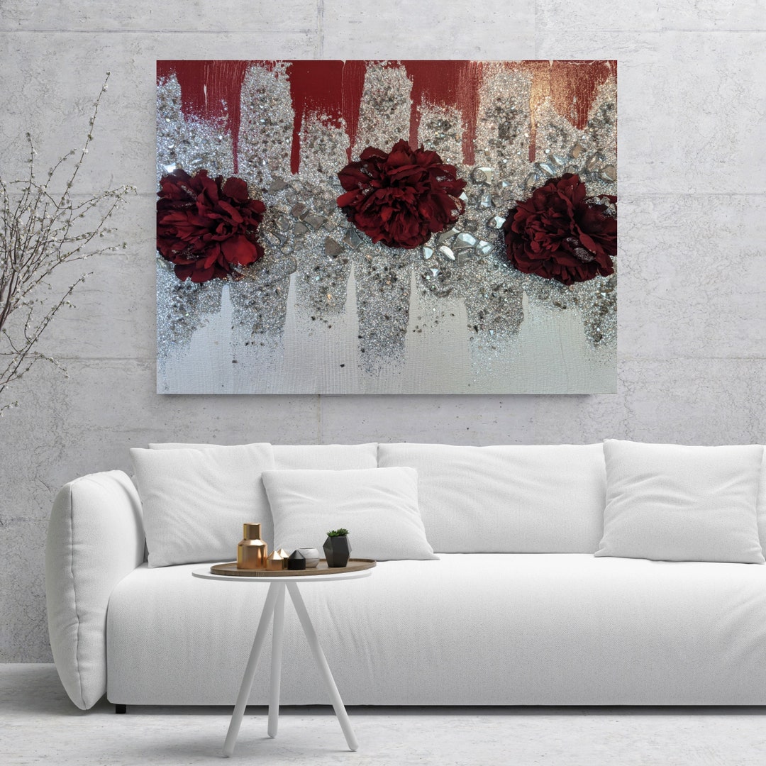 Red Peonies Glam Wall Art, Flower Art, Red Glitter Glass Painting, Red ...