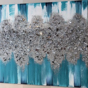 Teal Beauty Glitter & Glass Wall Art, Aqua Bling Sparkly Painting, Blue Green Crushed Glass Decor, Modern Glam Ocean Hanging