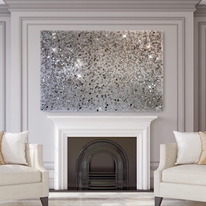 Glitter Wall Art Silver Decor: Pure Silver Minimalist Crushed Glass Glam Wall Art for Modern Home