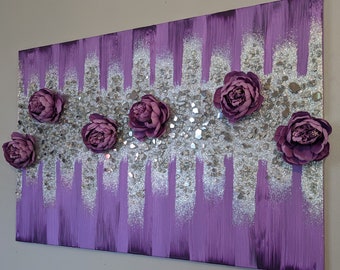 Purple Peonies Glam Wall Art, Flower Art, Purple Glitter Glass Painting, Purple Glitter Painting, Purple Glitter Art, Purple Wall Art