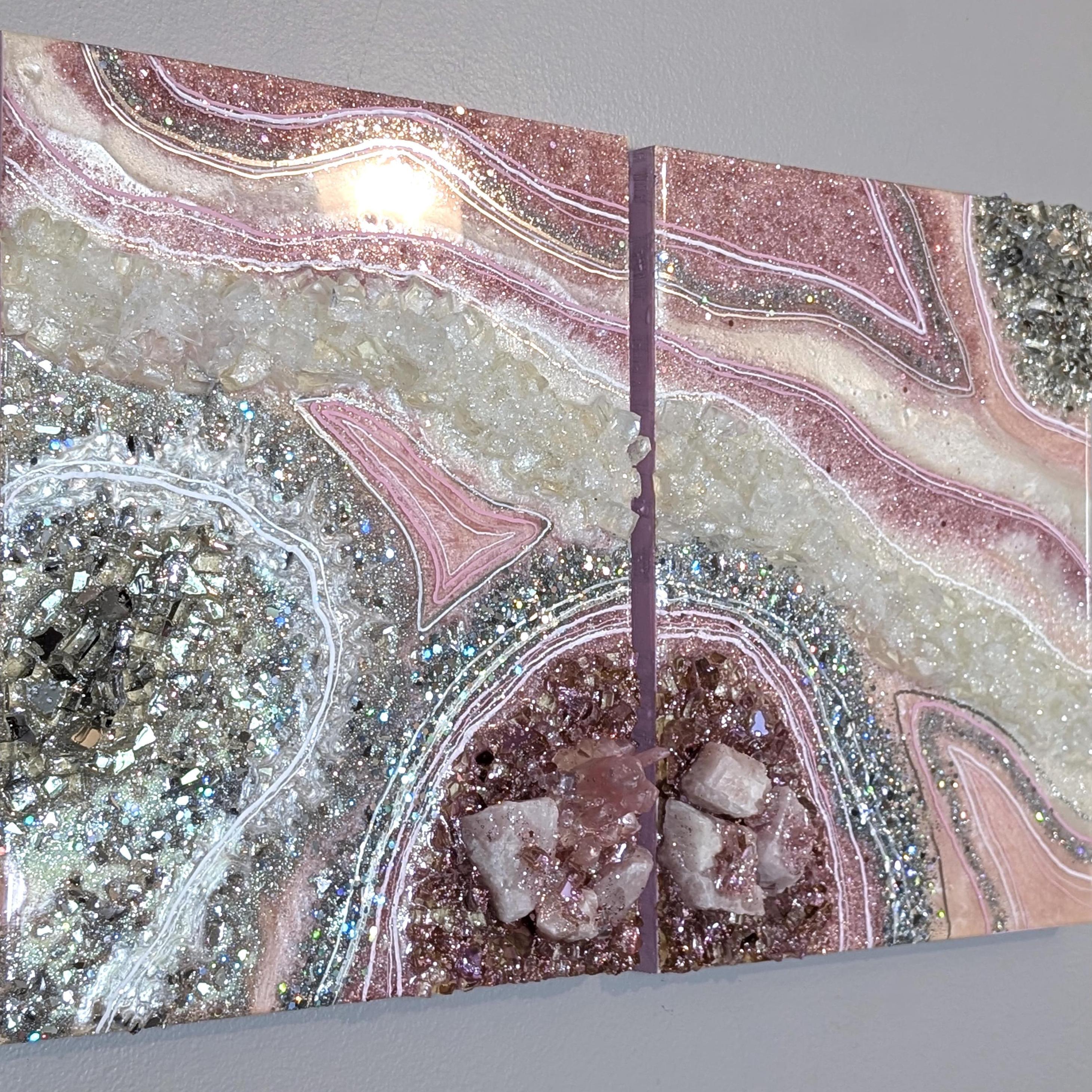 2 Set Pink Silver Resin Geode Paintings, Rose Quartz Abstract Agate Original Art, Modern Contemporary Wall Decor Hanging Artwork New 22 x 14