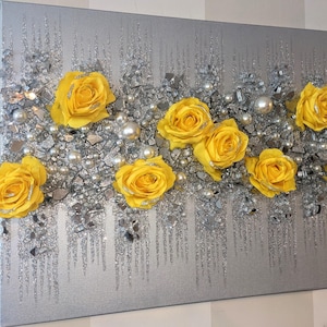 Glitter Wall Art Yellow Roses Painting with Sparkling Yellow Glass Floral Decor, Gift for Her, Bright Home Accent