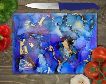 Human Made Alcohol Ink Art Cutting Board | Original Abstract Art Glass Chopping Board Blue Modern Serving Tray Large 8" x 11" and 11" x 15"