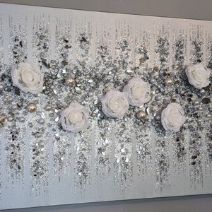 White Roses Glitter Glass Painting, Glass Wall Art, Silver Glitter Art, White Silver Glitter Glass Decor, White Silver Decor, Glitter Art