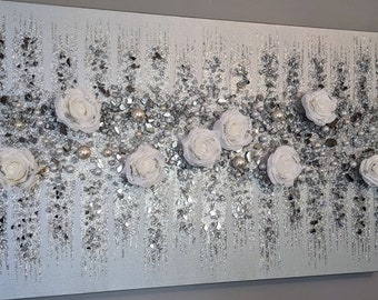 Glass Wall Art White Roses with Silver Glitter, Elegant White Silver Decor, Sparkling Floral Glass Painting for Home Decor