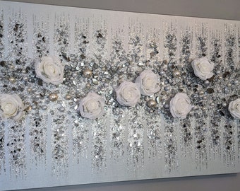 White Roses Glitter Glass Painting, Glass Wall Art, Silver Glitter Art, White Silver Glitter Glass Decor, White Silver Decor, Glitter Art