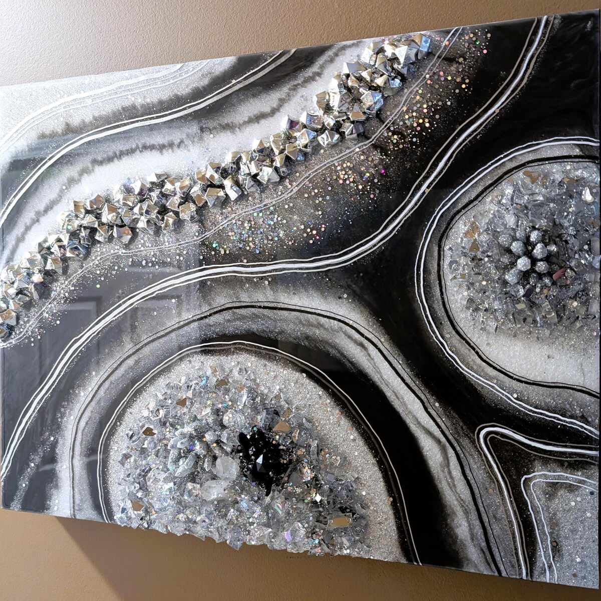 Black & Silver Resin Quartz Geode Painting | Abstract Agate Original Art | Modern Contemporary Wall Decor Hanging Glitter Artwork 18" X 24" - Etsy