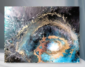 Galaxy Within | Resin Alcohol Ink Original Signed Painting | Abstract Modern Art | Wall Decor Turquoise Gold Teal Black Hanging 24" x 18"