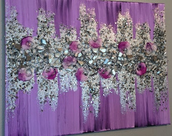 Lavender Fields Glam Wall Art, Flower Art, Purple Glitter Glass Painting, Purple Glitter Painting, Purple Glitter Art, Purple Wall Art