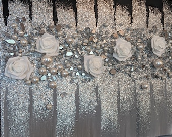Glass wall art Ebony Shimmer Glitter Painting, Black Gray Decor, Modern Glitter Glass Wall Decor, Sparkling Home Accent