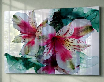 Glossy Original Glass Wall Art | 'Pink Lily Fantasy II' Artwork Print Pink Green Photo Alcohol Ink Statement Piece New | Home Office Art