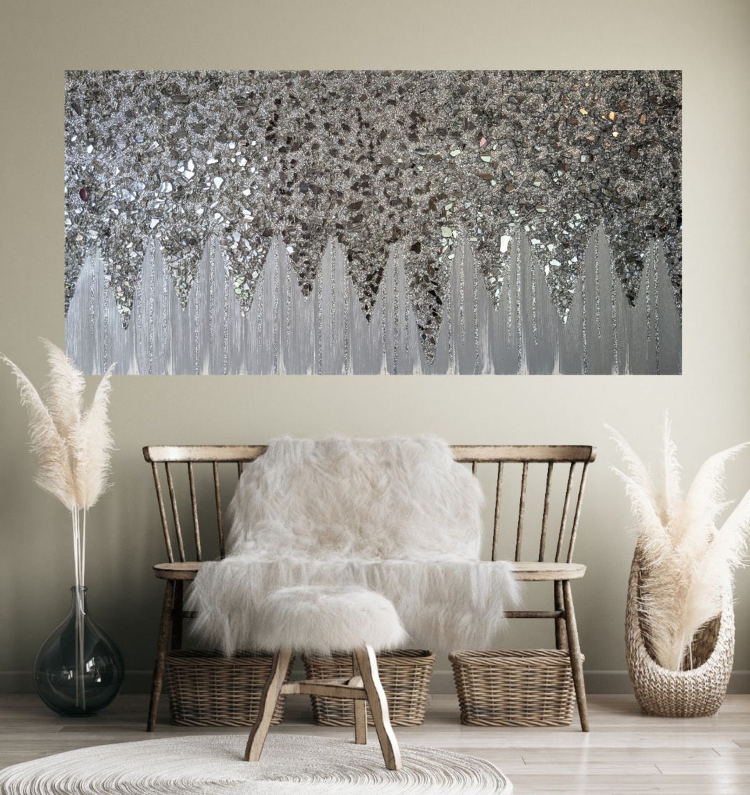 Silver Glam Glitter Wall Art Silver Glitter Glass Painting Etsy