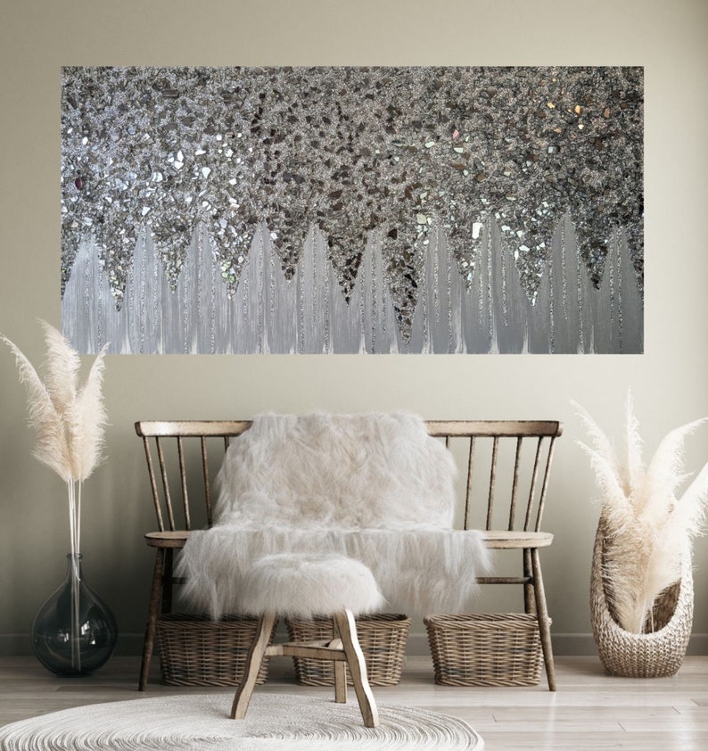 Silver Glam Glitter Wall Art Silver Glitter Glass Painting Etsy