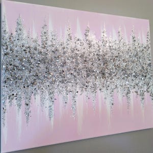 Light Pink Silver Glitter Glass Painting, Angel Feathers Crushed Glass Art, Large Abstract Original Home Decor Wall Hanging