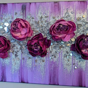 Purple Peonies Glam Wall Art, Flower Art, Purple Glitter Glass Painting, Purple Glitter Painting, Purple Glitter Art, Purple Wall Art