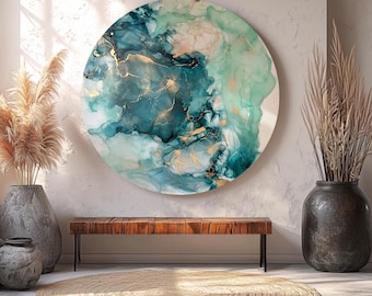 Malachite Flux | Glass Alcohol Ink Art | Original Circle Round Abstract Tempered Glass Black White Gold Print Modern New