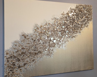 Pintura con brillantina en vidrio dorado y crema, decoración de pared con brillantina color champán crema, elegante obra de arte dorada para colgar en la pared.