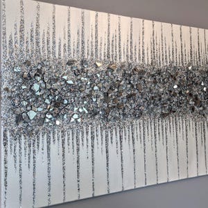 Glitter Painting White Silver Abstract Art, Modern Silver Glitter Glass Wall Decor for Home & Office Decor