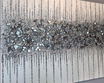 Glitter Painting White Silver Abstract Art, Modern Silver Glitter Glass Wall Decor for Home & Office Decor