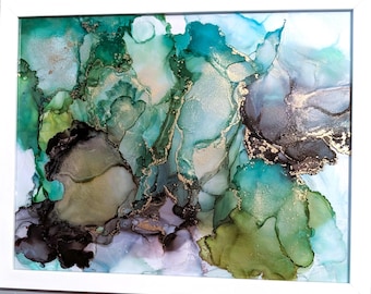 Alcohol Ink Painting on Glass &#39;Wrapped in Green&#39; | Original Abstract Art Artwork | 11&quot; x 14&quot; Framed Green Gold Modern Marble Art Watercolor