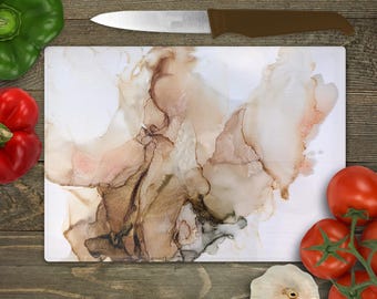Human Made Alcohol Ink Art Cutting Board | Original Abstract Art Glass Chopping Board Brown Blush Serving Tray Large 8" x 11" and 11" x 15"