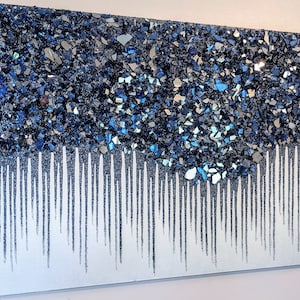 Navy Decor Glitter & Glass Glam Wall Art – Modern Navy Silver Crushed Glass Art for Elegant Interior Accent