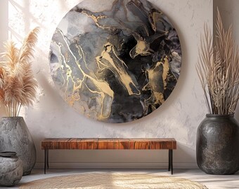 Noir Splendor | Glass Alcohol Ink Art | Original Circle Round Abstract Tempered Glass Black White Gold Print Modern New