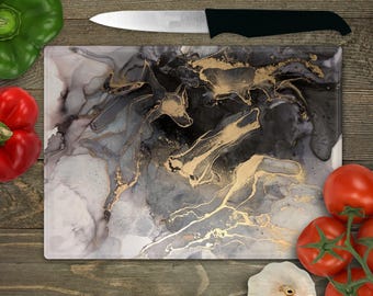 Human Made Alcohol Ink Art Cutting Board | Original Abstract Art Glass Chopping Board Pink Black Serving Tray Large 8" x 11" and 11" x 15"