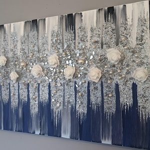Roses Glitter Glass Painting, Glass Wall Art, Silver Glitter Art, White Silver Glitter Glass Decor, Silver Decor, Glitter Art