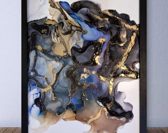 Cosmic Drift | Signed Alcohol Ink Painting on Glass Original |  Abstract Modern Ink Art | Wall Decor Brown Black Blue Gold Hanging 16" x 20"