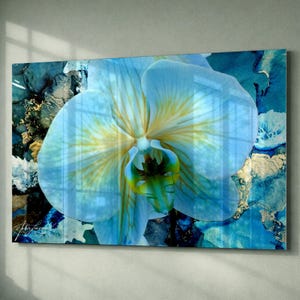 Glossy Acrylic Glass Wall Art | 'Blue Orchid Fantasy' Original Artwork Blue Orchids Photo Alcohol Ink Statement Piece | Home Office Print