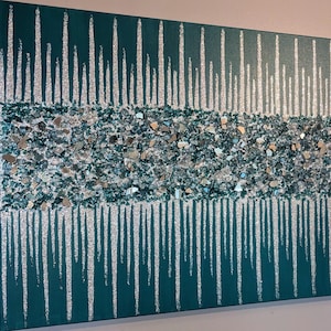 Teal Shimmer Glitter & Glass Painting, Glass Wall Art, Glitter Art, Teal Glitter Glass Decor, Turquoise Wall Art, Turquoise Glass Wall Art