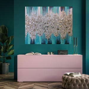 Teal Glitter Wall Art with Crushed Glass, Aqua Blue Green Sparkly Painting, Modern Glam Ocean Decor, Hanging Glass Artwork