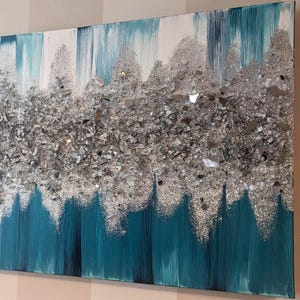 Teal Beauty Glitter & Glass Wall Art, Aqua Bling Sparkly Painting, Blue Green Crushed Glass Decor, Modern Glam Ocean Hanging