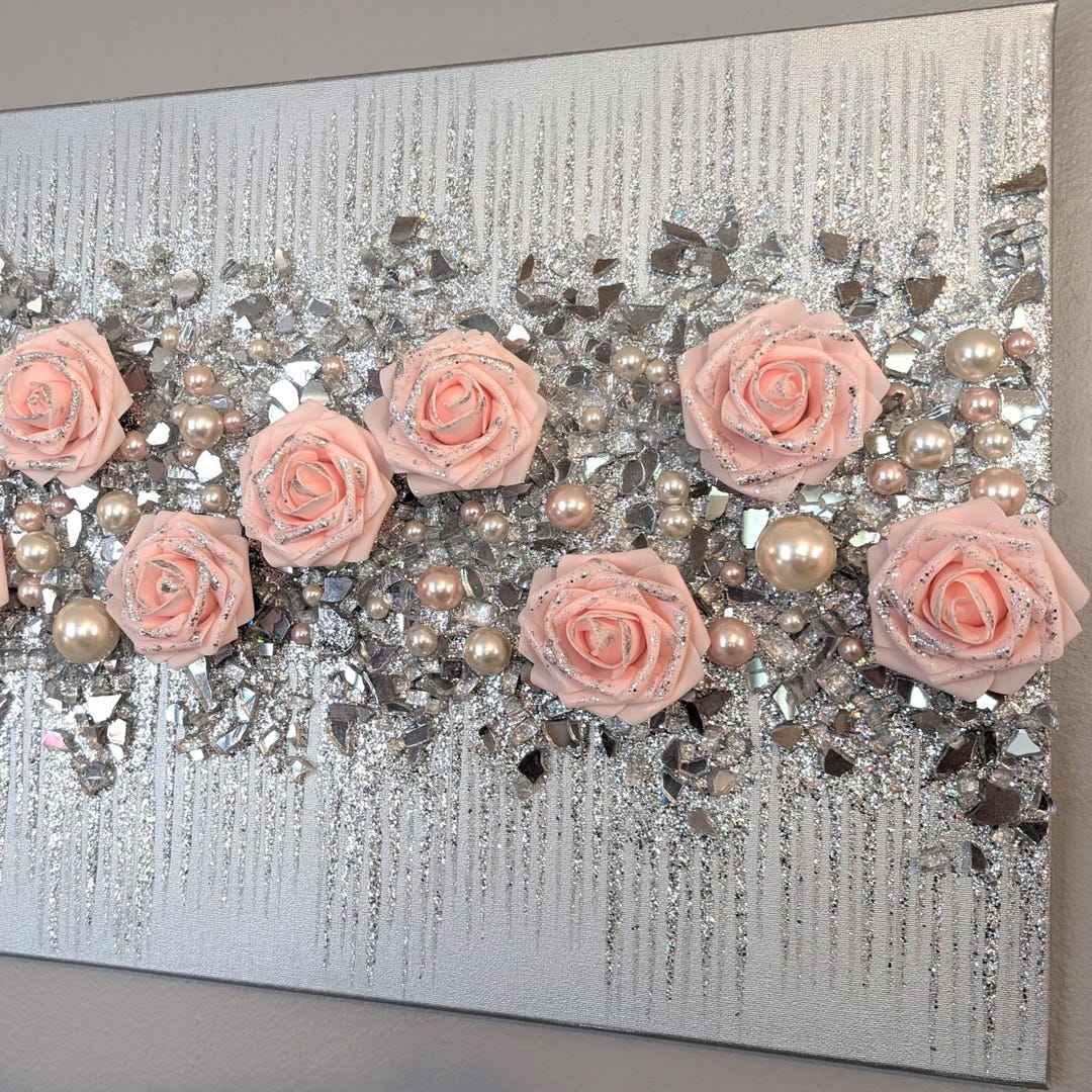 Blush & Silver Roses Glam Glitter Glass Painting, Glass Wall Art ...